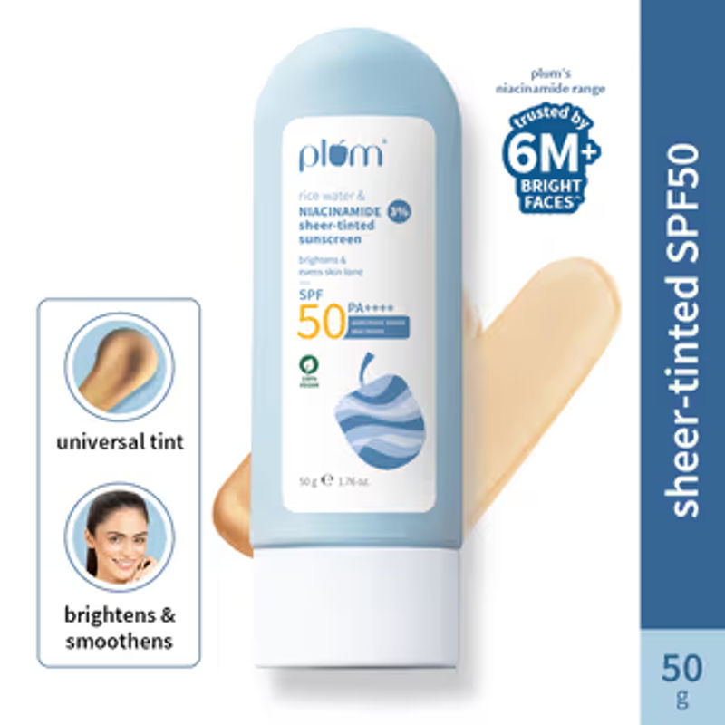 Plum Rice Water & 3% Niacinamide Sheer-Tinted Sunscreen With SPF 50 PA++++, For Oily to Dry Skin