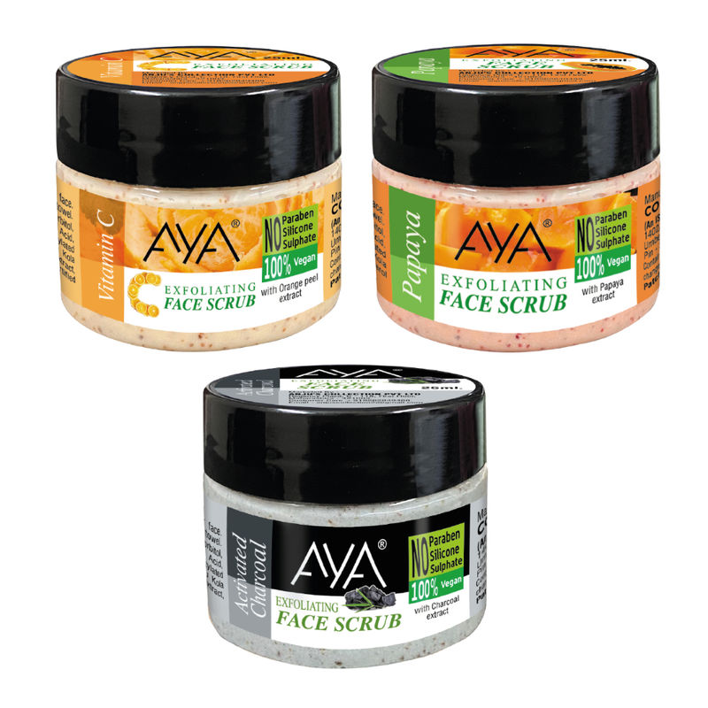 AYA Exfoliating Face Scrub Set of 3 - Activated Charcoal + Papaya + Vitamin C