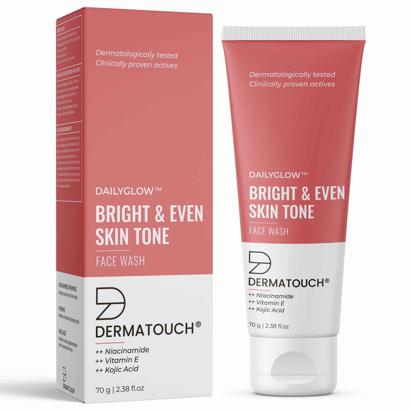 DERMATOUCH Bright & Even Tone Face Wash with Niacinamide, Vitamin E and Kojic Acid | Reduce blemishes , dark sport and balance skin tone - 70 gms