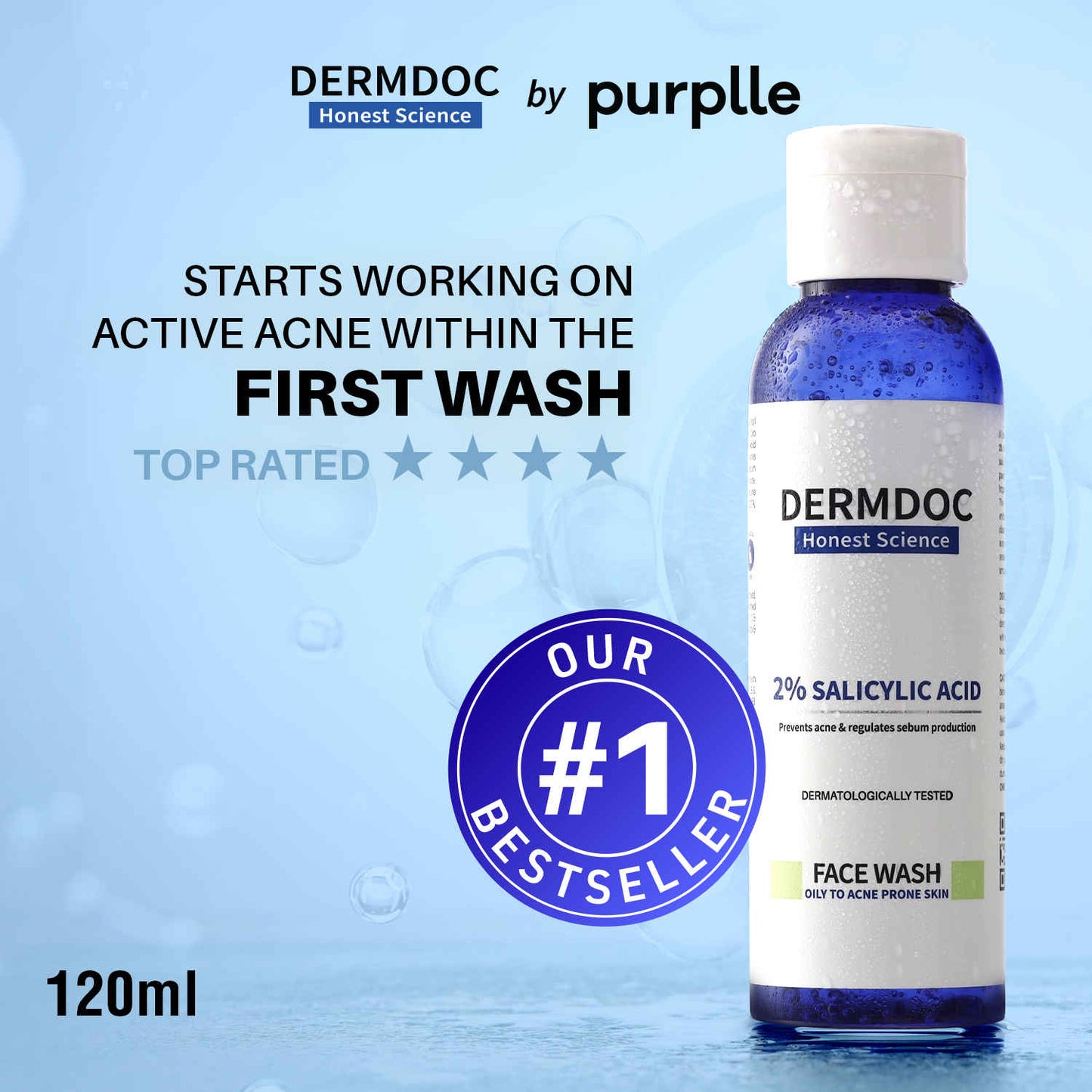 DERMDOC 2% Salicylic Acid Face Wash (120 ml) | Oily, Sensitive & Acne Prone Skin Friendly | Clears Pimples, Dark Spots, Whiteheads & Blackheads | Gentle Exfoliation