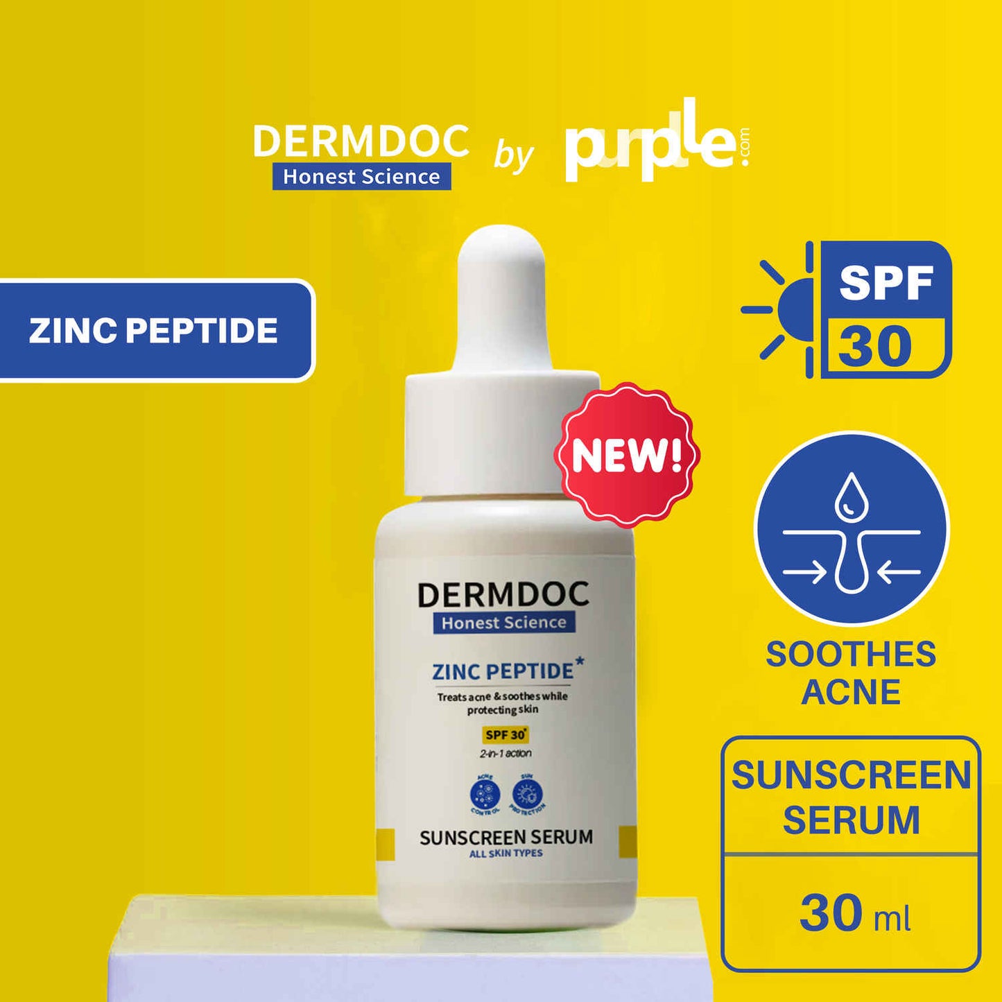 DERMDOC SPF 30 Zinc Peptides* Sunscreen Serum (30ml) | Sunblock | Lightweight | No White Cast | Acne Fighting Sunscreen | Oily Skin & All Skin Types