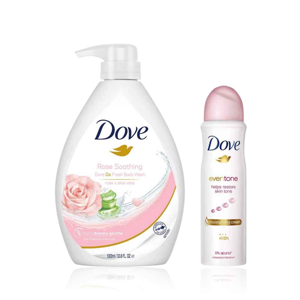 Dove International Daily Fresh Essentials Combo ( Rose & Aloe Vera Body Wash for Replenished Skin Refreshing Scent 1L - 1000 ml + Eventone Deodorant For Women 150 ml ) Combo of 2