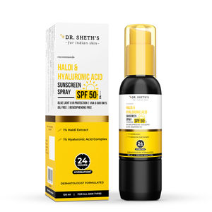 Dr. Sheth's Haldi & Hyaluronic Acid Sunscreen Spray 100 ml | SPF 50+ PA++++ | Lightweight I Non-Greasy I Easy To Apply | 24 hours Hydration I Non Comedogenic IFor Men & Women | Benzophenone Free | Mess-Free Application