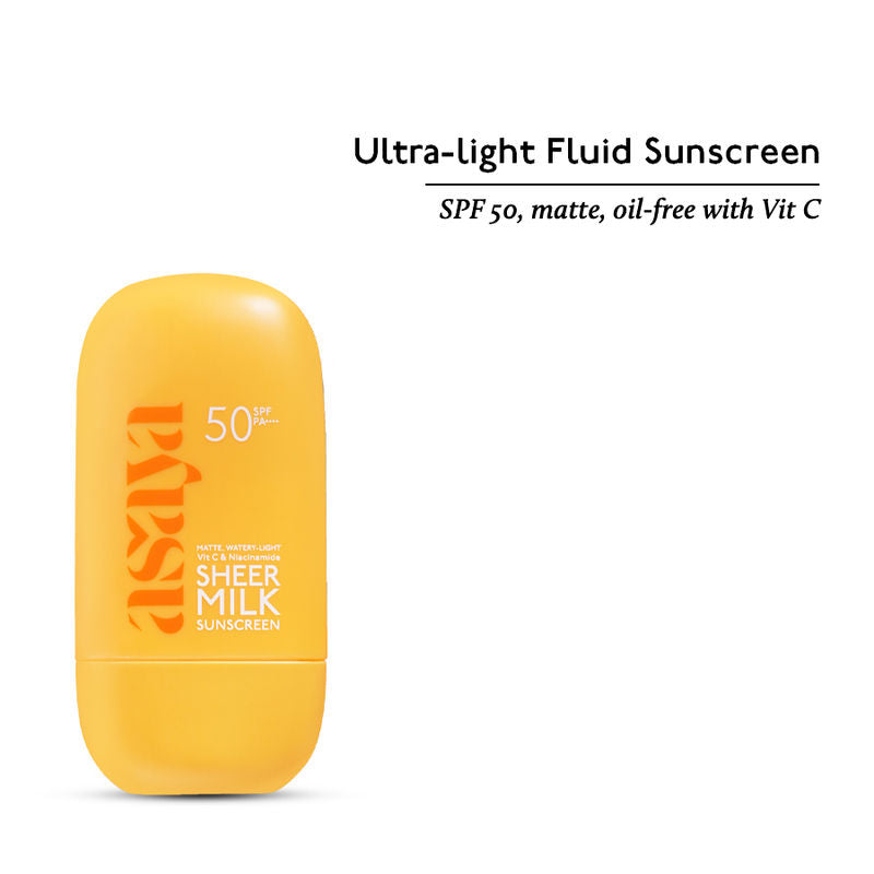 Asaya Sheer Milk Sunscreen SPF 50 PA++++ Matte Ultra Light with Vitamin C and Niacinamide UVA/B