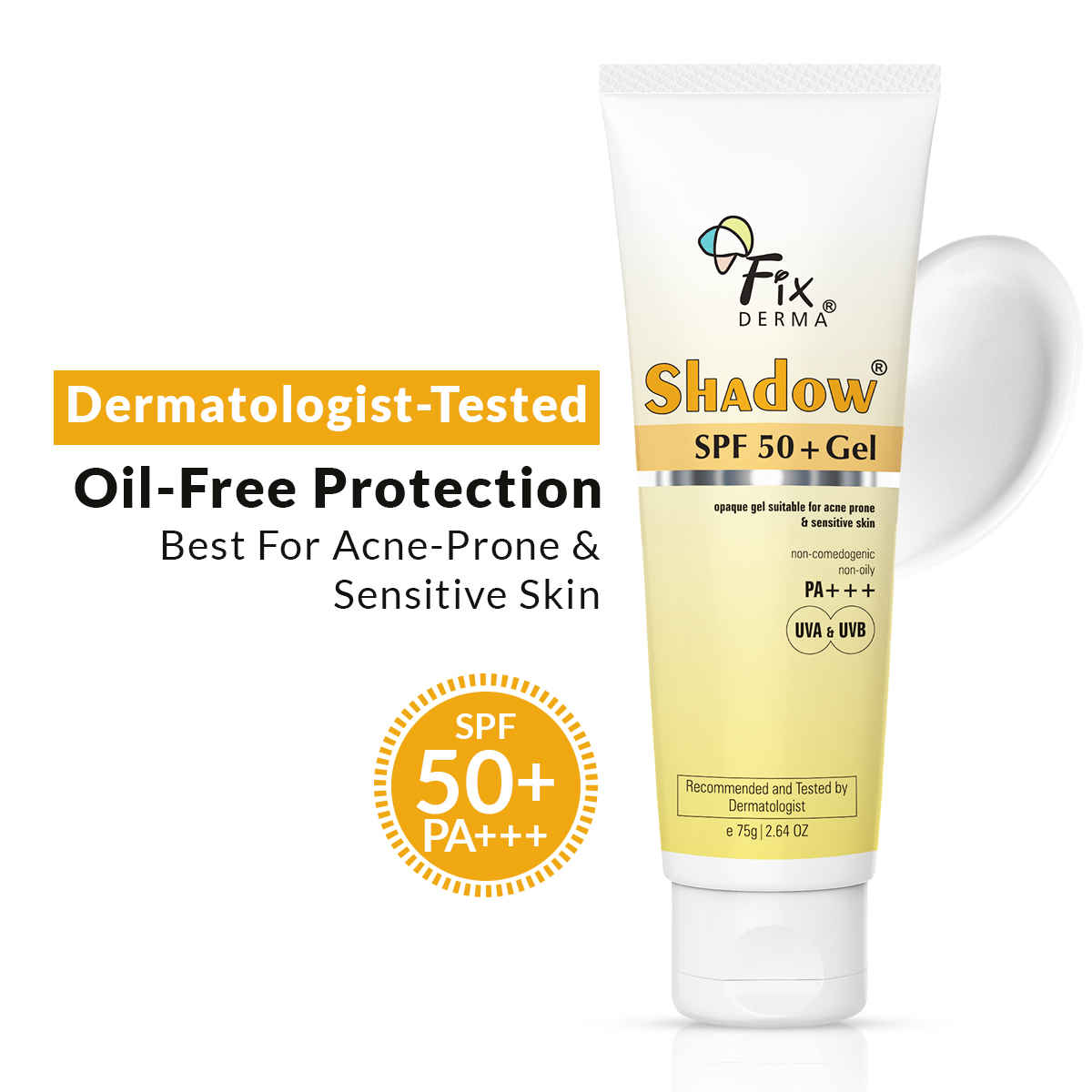 Fixderma Shadow Sunscreen SPF 50+ Gel For Unisex, Sunscreen For Oily Skin, Sun Screen Protector SPF 50,Broad Spectrum Sunscreen For Uva & Uvb Protection,| Non Greasy & Water Resistant - 75 gm