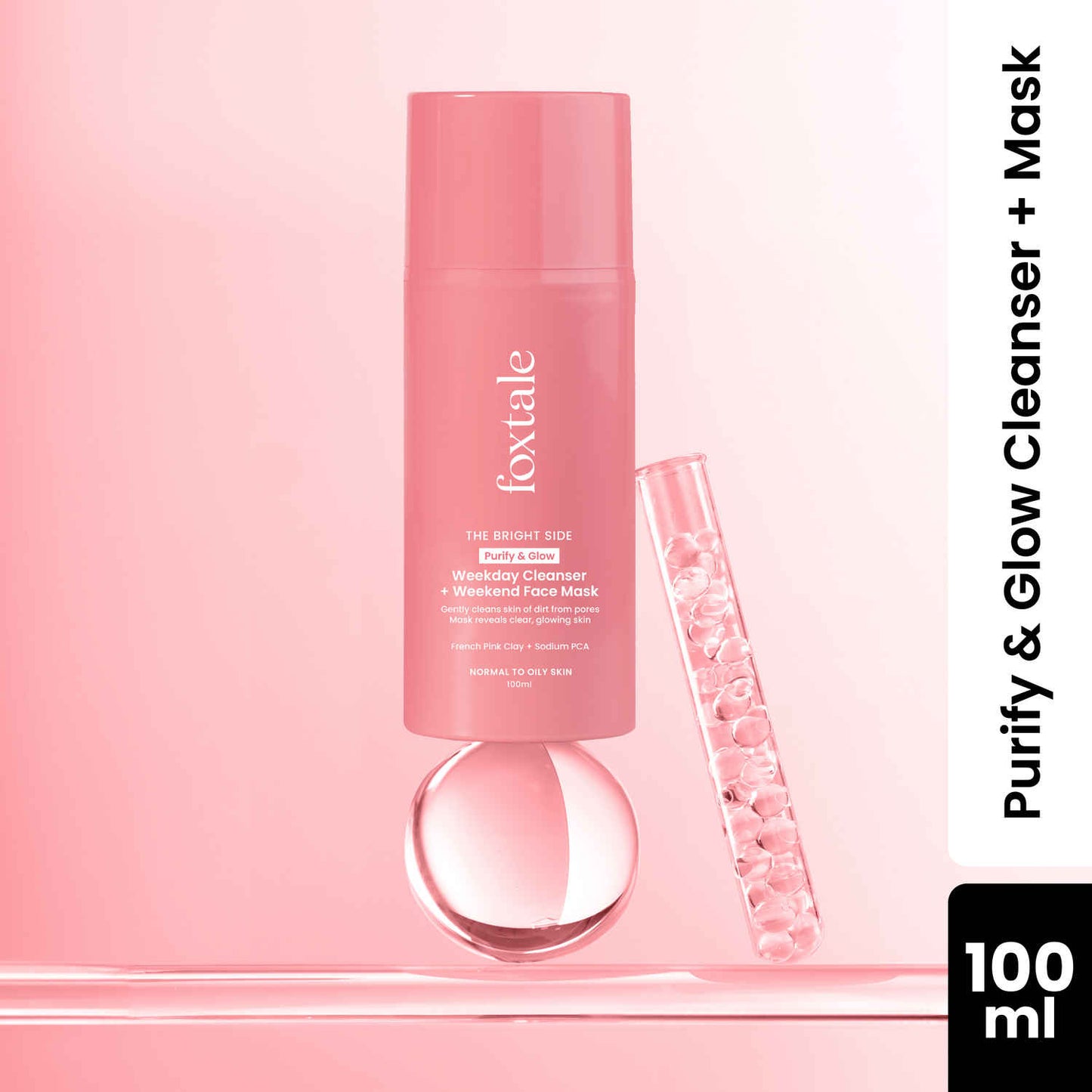 Foxtale Purify & Glow Cleanser + Mask With French Pink Clay and Sodium PCA - Deep Cleanses Pores, Exfoliating Glow Facial, Instantly Gives Bright Skin, For Normal, Oily and Combination Skin, Men & Women - 100 ml