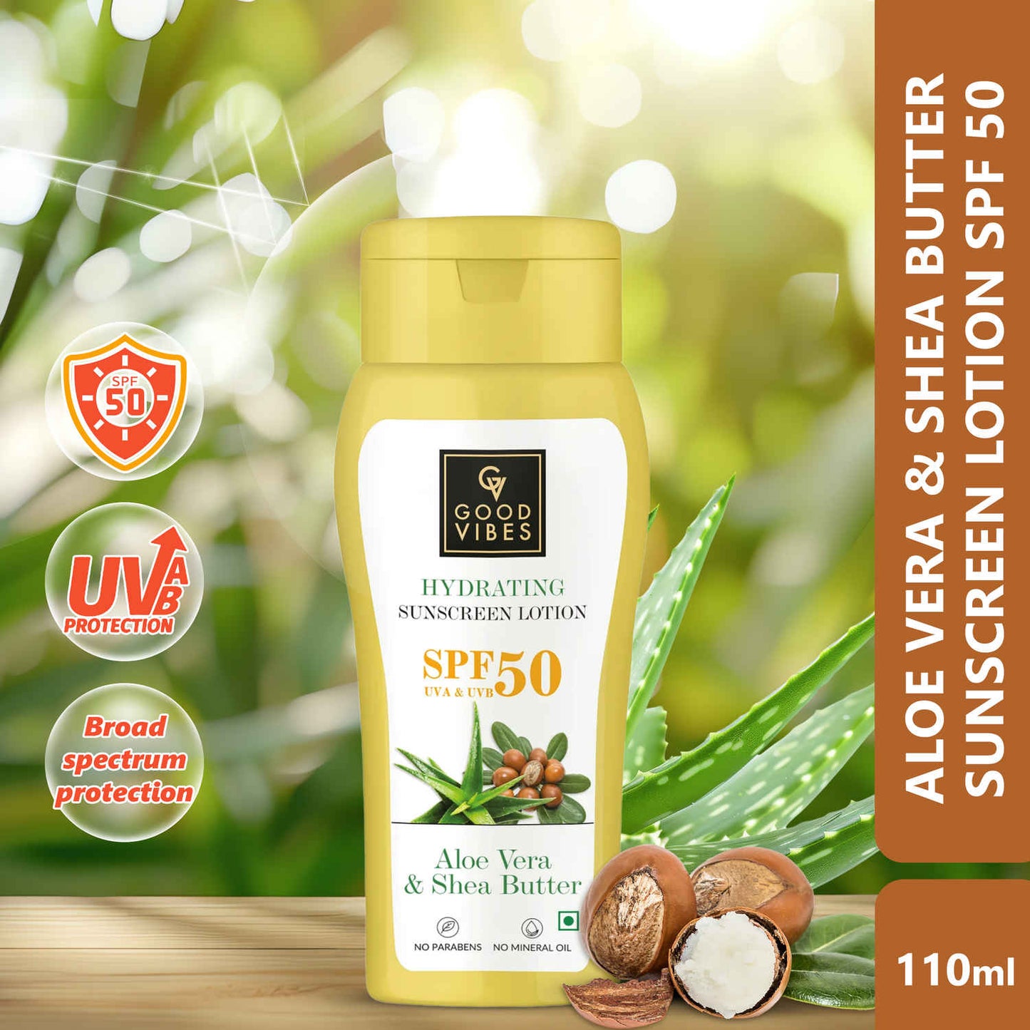 Good Vibes Aloe Vera & Shea Butter Hydrating Sunscreen Lotion SPF 50, Skin Moisturizing | Vegan, No Parabens, No Mineral Oil, No Silicones (110 ml)
