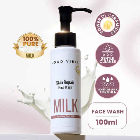 Good Vibes Skin Repair Milk Facewash 100 ml | with 100% Pure raw milk | Power of Ceramides | 40 seconds to soft and supple skin | Cleanser for Oily Skin, Dry Skin, Normal Skin & Sensitive Skin - 100 ml