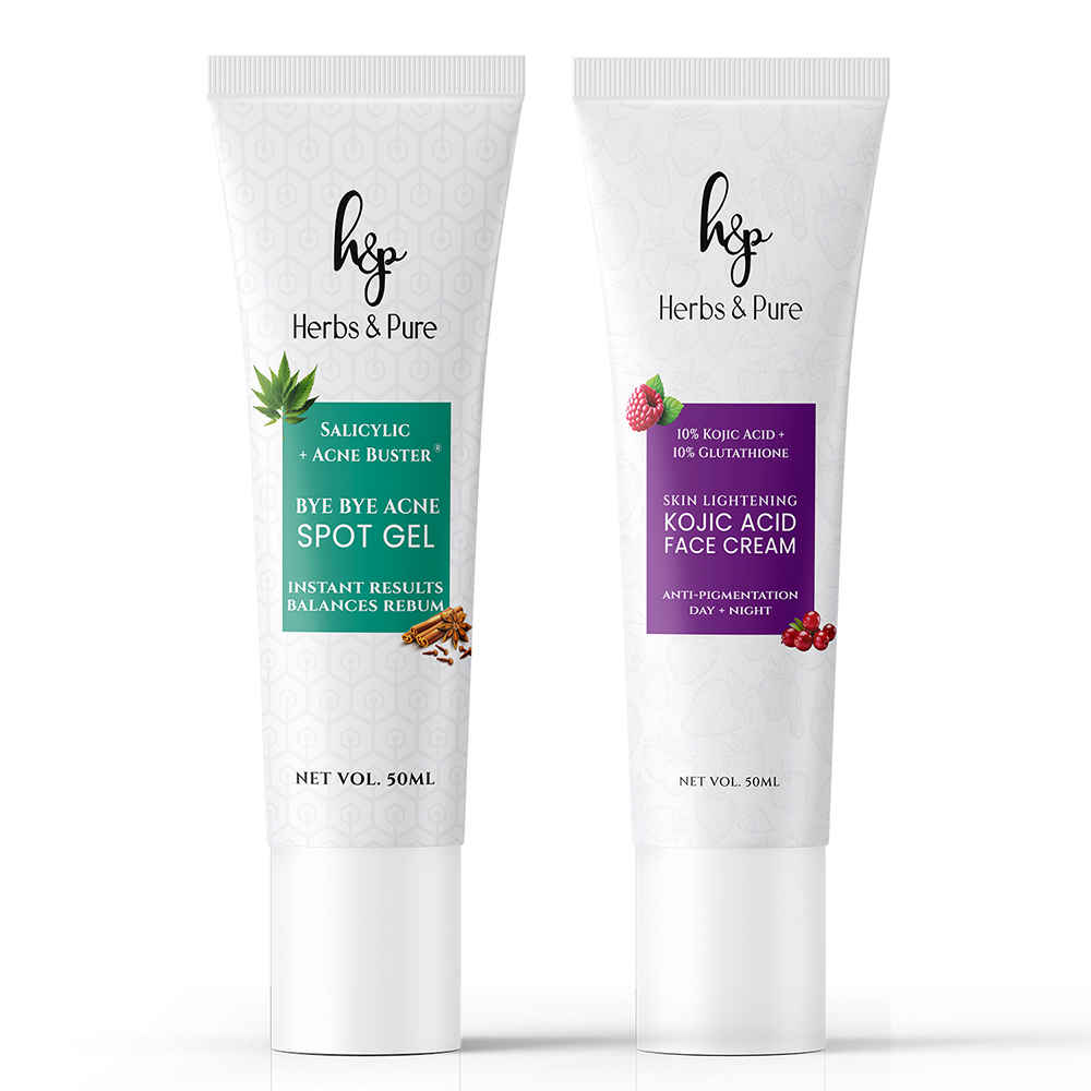 Herbs & Pure Bye Bye Acne 3% Salicylic Acid And Acne Buster Spot Gel,Pimple Removal Gel, Acne-Prone Skin & Skin Lightening Kojic And Glutathione Spot Correction Face Cream, 100 ml Pack of 2