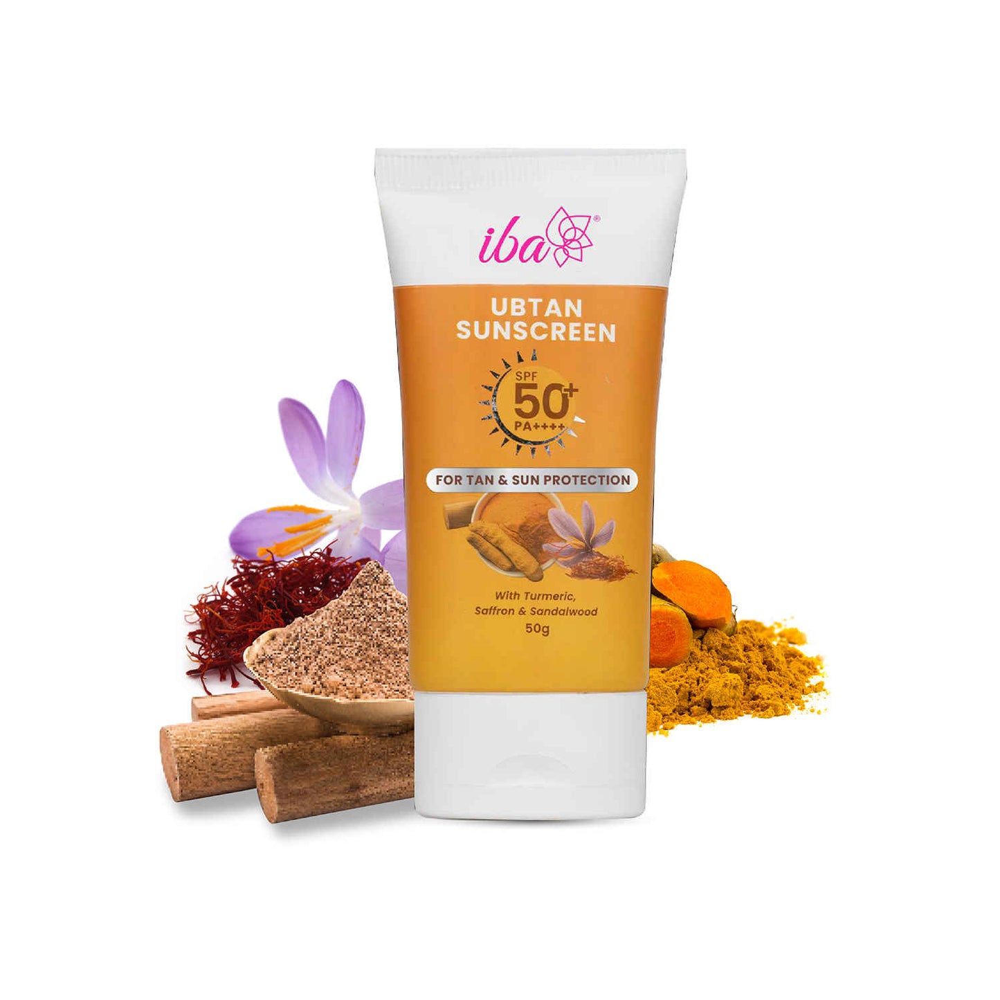 Iba Ubtan Sunscreen SPF 50 PA++++ with Turmeric, Saffron, Sandalwood – 50 gm | For UVA & UVB Protection | For All Skin Types