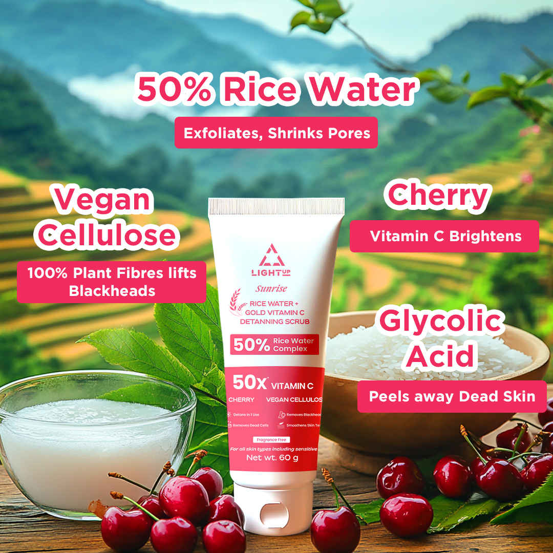 Light up Beauty Sunrise De-Tan Face Scrub with 50% Rice Water Complex, Cherry, & Vitamin C (60 gm)