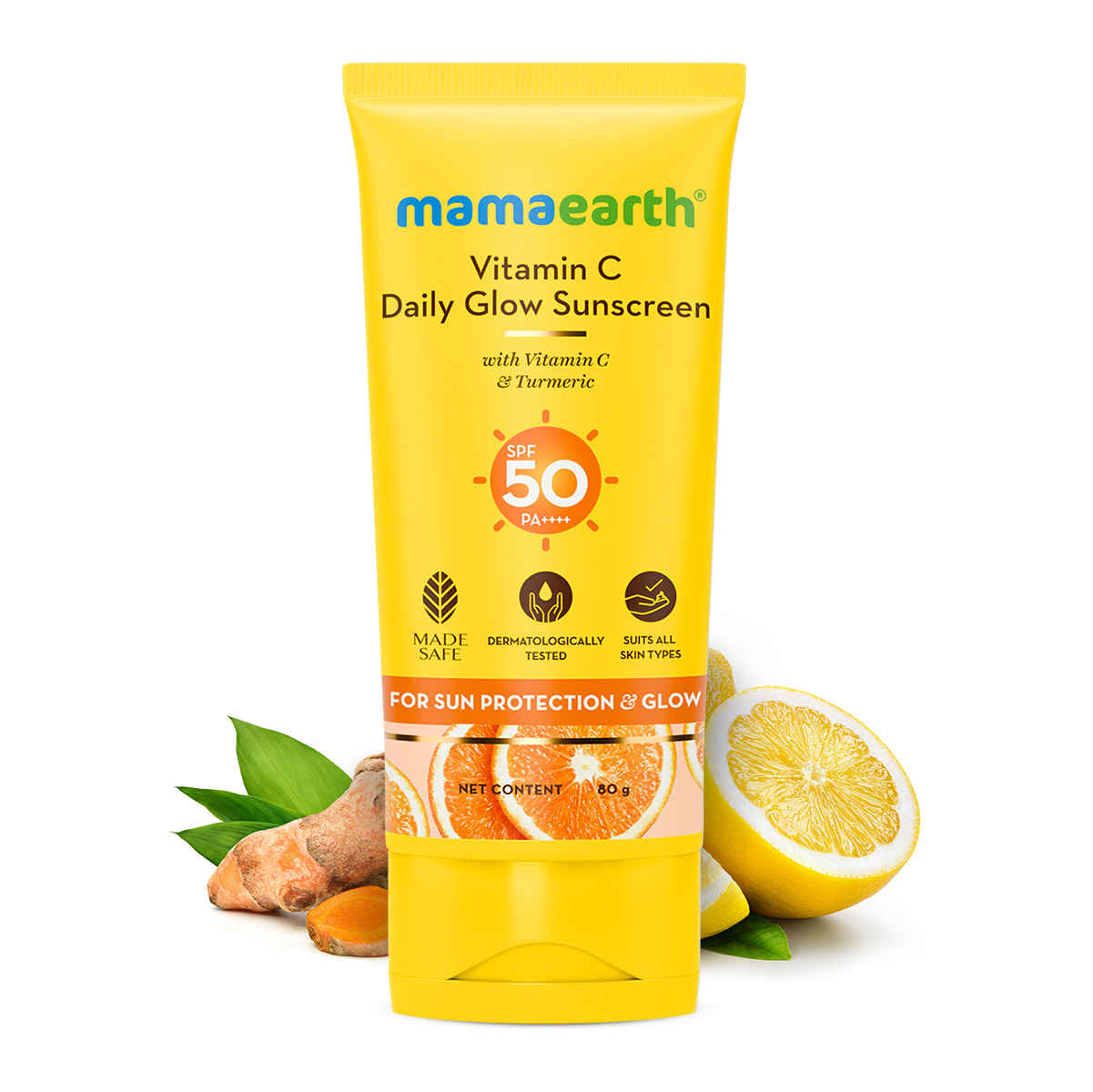 Mamaearth Vitamin C Daily Glow Sunscreen SPF 50 PA+++ No White Cast with Vitamin C & Turmeric lightweight for Sun,Tan Protection & Glow - 80 gm