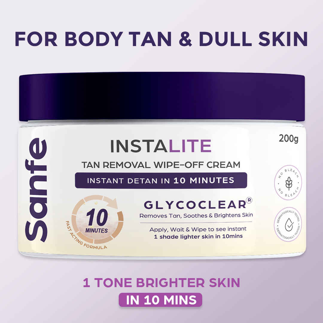 Sanfe Detan Face Cream Instalite Detan Wipe Off 200 gm | With Glycoclear Technology | 1 Tone Brighter in 10ย mintuesย | For Legs, Arms and Back | Detan Cream for Tan Removal & Glowing Skin
