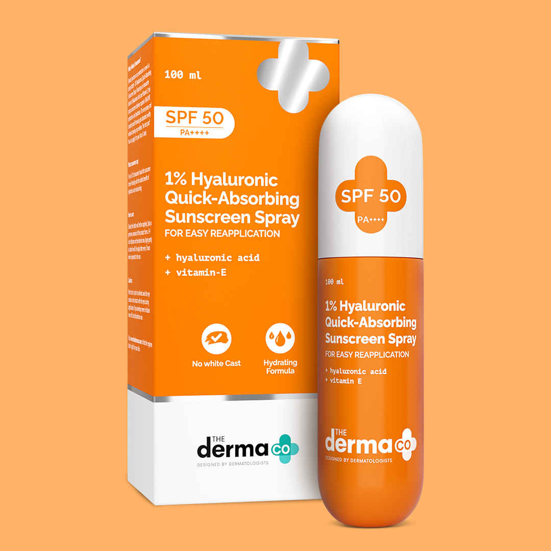 The Derma Co. 1% Hyaluronic Quick-Absorbing Sunscreen Spray | Hyaluronic Acid & Vitamin E | SPF 50 & PA++++ | No White Cast | Hydrating Fluid | Easy Reapplication | Face & Body | All Skin Types - 100 ml