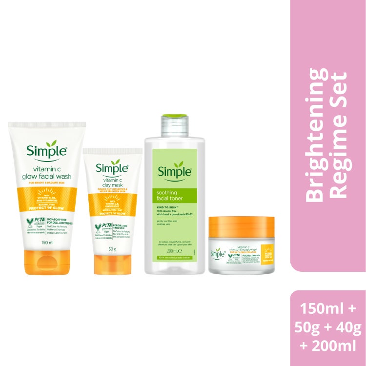 [Bundle of 4] Simple Protect N Glow Vitamin C Glow Facial Wash 150Ml + Clay Mask 50G + Moisturising Glow Gel 40G + Soothing Toner 200Ml (121122056 + 121122055 + 121122057 + 121012399)