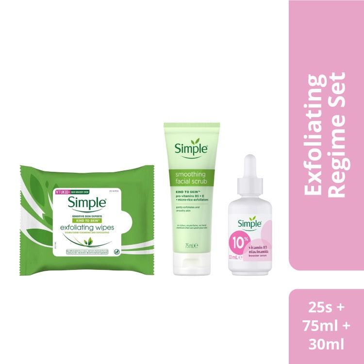[Bundle of 3] Simple Kind To Skin Smoothing Facial Scrub 75Ml + Exfoliating Cleansing Facial Wipes 25S + Vit B3 Niacinamide Booster Serum 30Ml (121012389 + 121110275 +121116734)