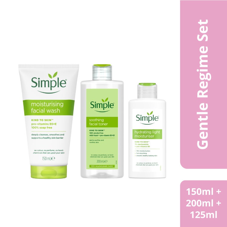 [Bundle of 3] Simple Kind To Skin Moisturising Facial Wash Gel 150Ml + Soothing Toner 200Ml + Hydrating Light Moisturiser 125Ml (121021101 + 121012399 + 121012367)