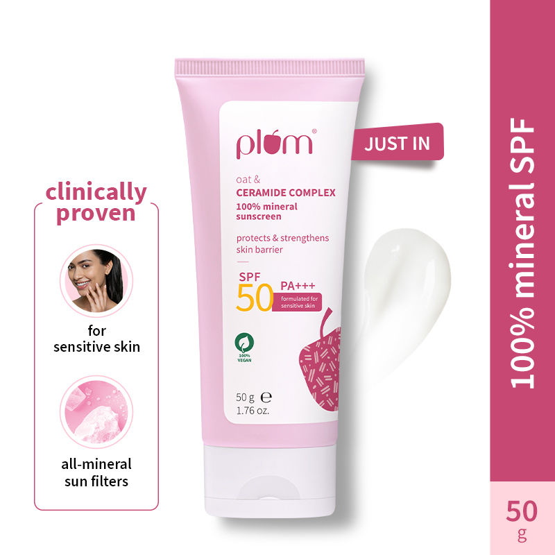 Plum Ceramide & Oat Mineral Sunscreen SPF 50 PA+++ Protects Skin Barrier, For Dry To Normal Skin