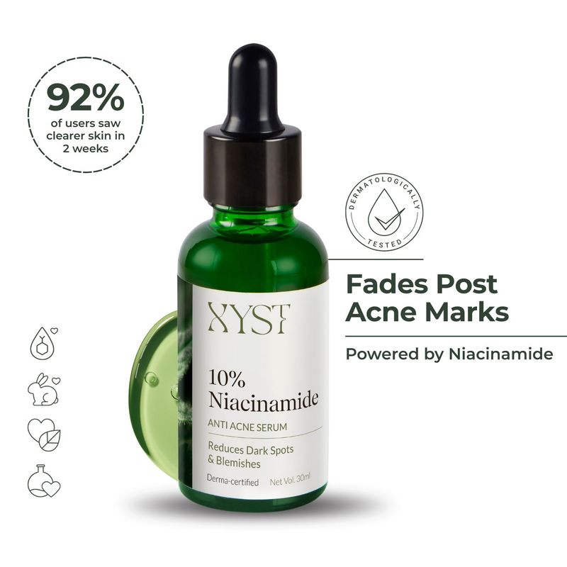 XYST 10% Niacinamide Anti-Acne Serum, Reduces Acne, Dark Spots, Blemishes - Glycolic & Azelaic Acid