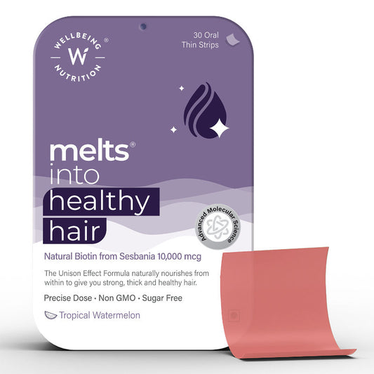 Wellbeing Nutrition Melts Healthy Hair, Biotin, Stronger, Shinier Hair, Watermelon Flavour