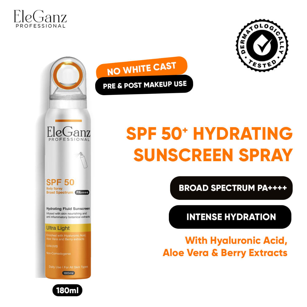Eleganz Professional Hydrating Sunscreen Spray SPF 50 PA++++ With Hyaluronic Acid, Aloe Vera Extract (180ML)