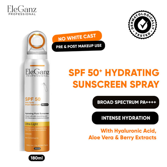 Eleganz Professional Hydrating Sunscreen Spray SPF 50 PA++++ With Hyaluronic Acid, Aloe Vera Extract (180ML)