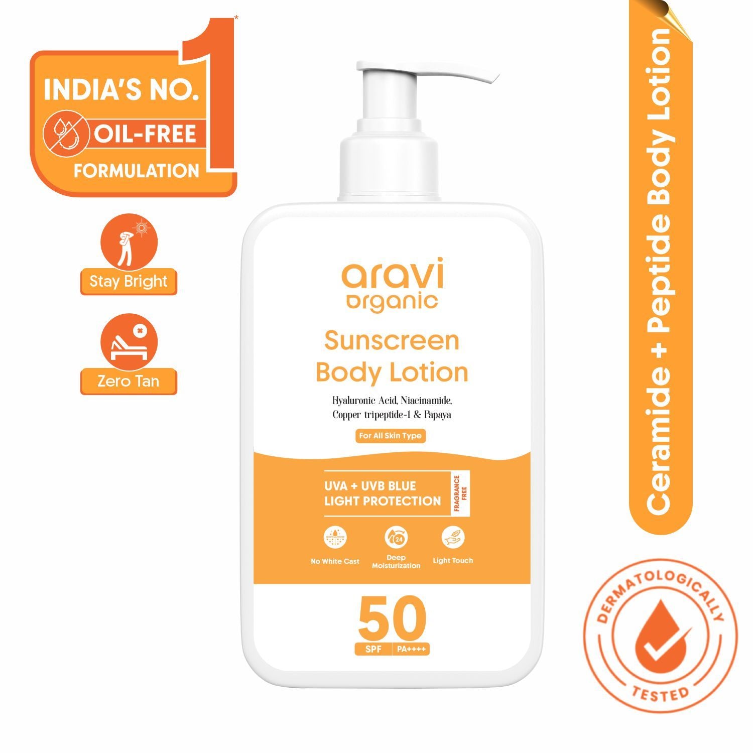 ARAVI ORGANIC OIL-FREE SPF50+ SUNSCREEN BODY LOTION WITH PA++++, HYALURONIC ACID & NIACINAMIDE(200ML)