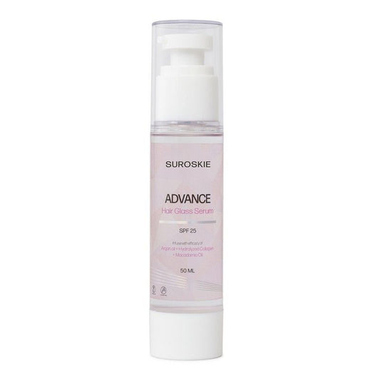 SUROSKIE Advance Glass Hair Serum 50ml | With Hydrolyzed Collagen & Macadamia Oil | Instant 20x shine, frizz free hair (Upto 72 hrs) | Heat Protection up to 230° Celsius | Hair Serum For Women & Men