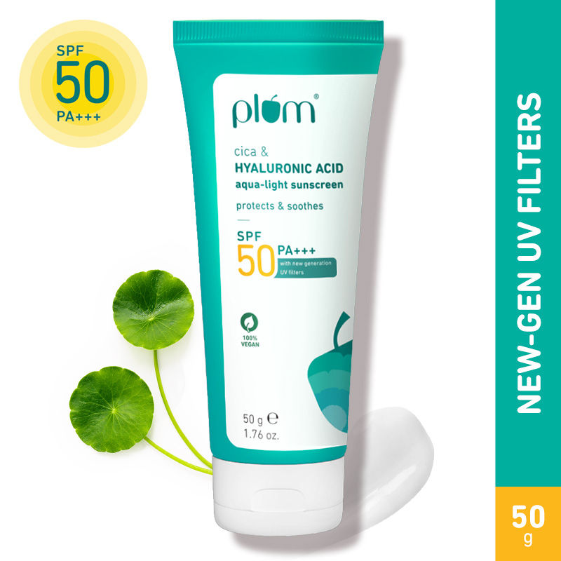 Plum Cica & Hyaluronic Aqua-Light SPF Sunscreen 50 PA+++, For Oily, Normal & Dry Skin, Soothes Skin