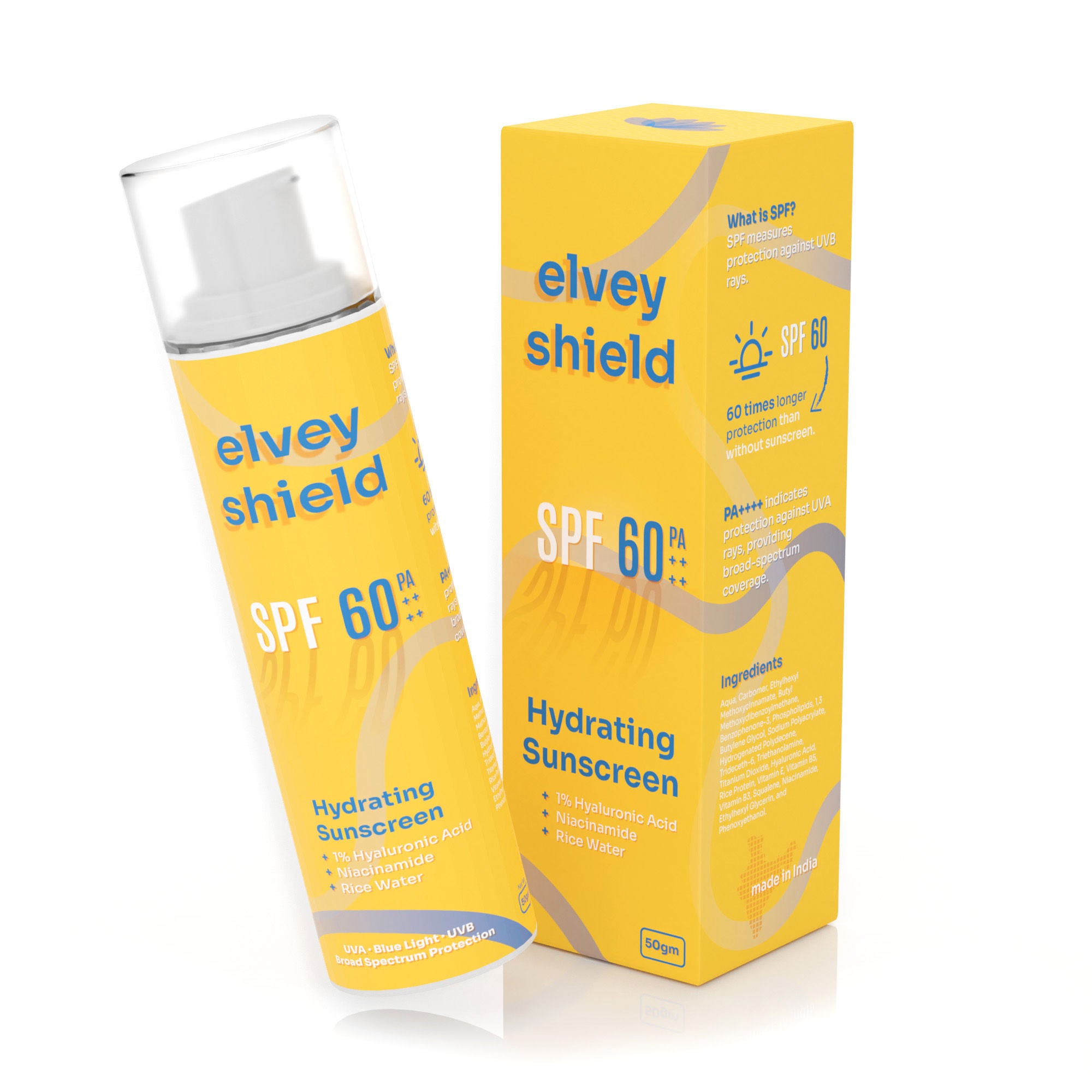 Elvey Essentials Hydrating Sunscreen SPF 50+ PA++++ with Hyaluronic Acid for All Skin, No White Cast