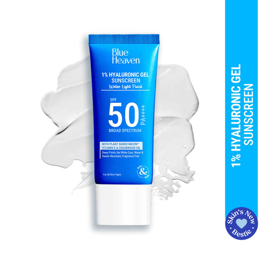 Blue Heaven 1% Hyaluronic Gel Sunscreen SPF50 PA++++ | Sun Protection + Hydration formula With Vitamin E, Cedarwood Oil & Plant-Based Mucin | Lightweight Non-Greasy | No White Cast | Fragrance Free| Sunscreen for Men and Women| 50 Gm