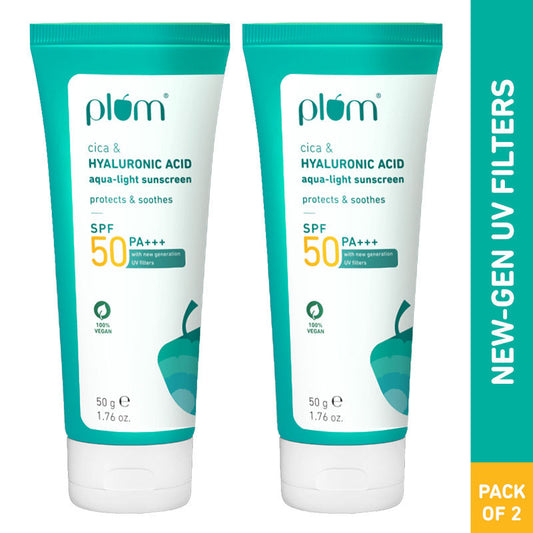 Plum Cica & Hyaluronic Aqua-Light Sunscreen With SPF 50 PA+++ (Pack Of 2)