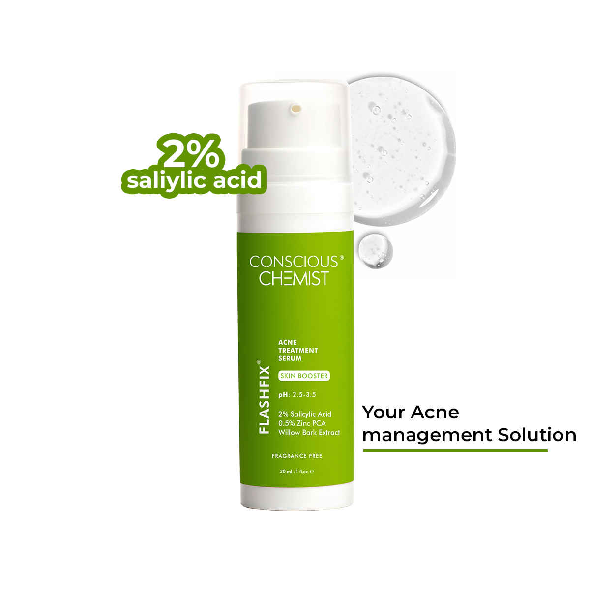 Conscious Chemist Flashfix Acne Treatment Serum | 2% Salicylic Acid & 0.5% Zinc PCA - 30 ml