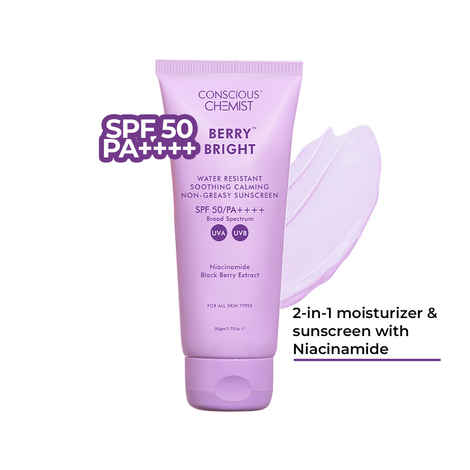 Conscious Chemist Berry Bright Sunscreen|SPF 50 PA ++++|UVA/UVB Protection|Radiance Boost, Non-Greasy|Niacinamide & Berry Extracts- 50 gm