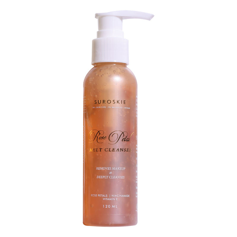 SUROSKIE Rose Petals Melt Cleanser 120ml | 2 in 1 Face Wash + Makeup Remover | Enriched With Rose Water, Niacinamide & Vitamin E | Removes SPF & Impurities | Glow Brighten Skin | For Men & Women