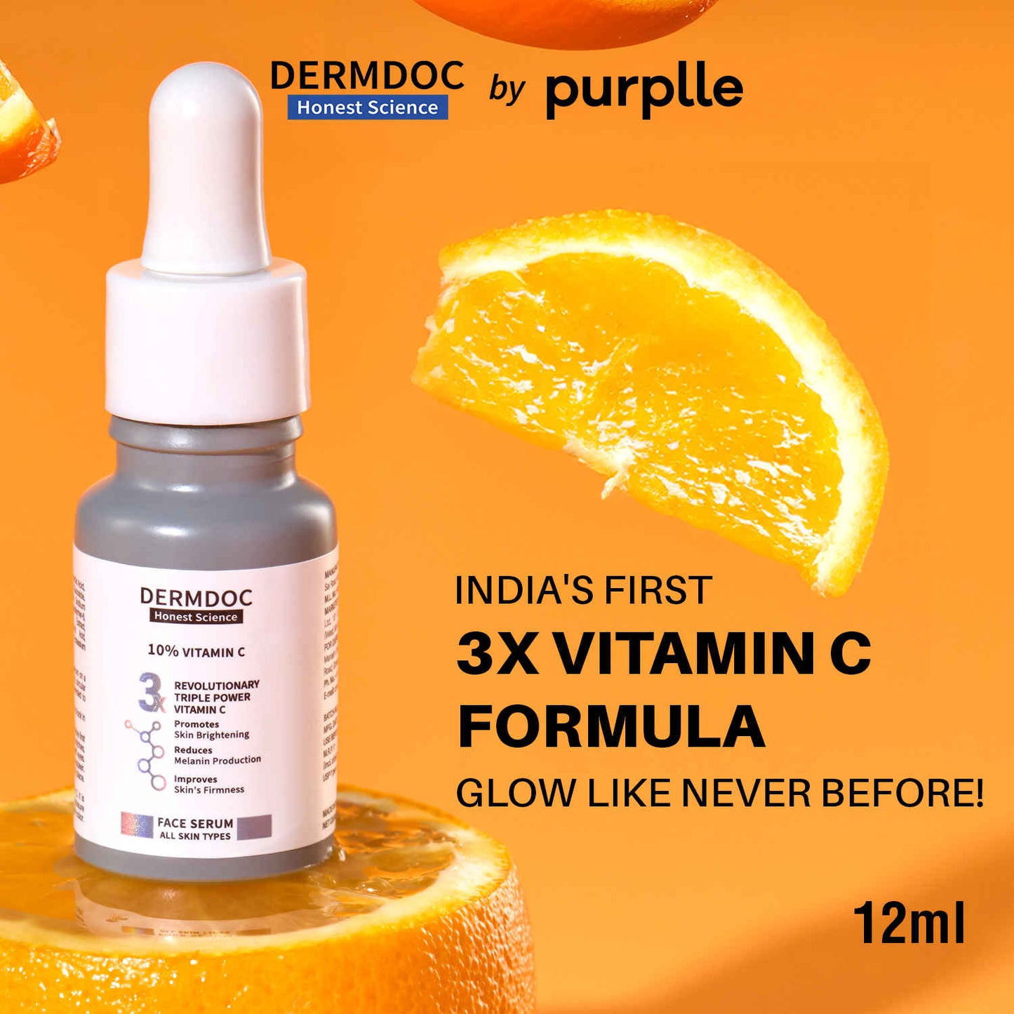 DERMDOC 10% Vitamin C Face Serum for Glowing Skin (12 ml) | Brightening Face Serum | Fight Dark Spots, Pigmentation & Dull Skin