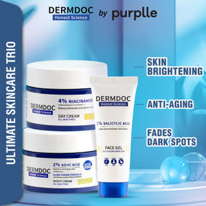 DERMDOC by Purplle 2% Salicylic Acid Anti Acne Face Gel (70 gm) | 2% Kojic Acid Night Cream with Niacinamide & Alpha Arbutin for Skin Brightening (50 gm) | 10% Niacinamide Face Serum (30 ml)