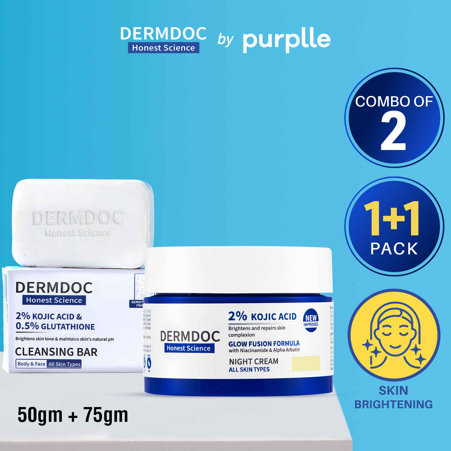 DERMDOC by Purplle Glow & Cleanse Duo (Combo of 2) 2% Kojic Acid Glow Fusion Formula Night Cream (50 gm) | 2% Kojic Acid and 0.5% Glutathione Cleansing Bar (75 gm)