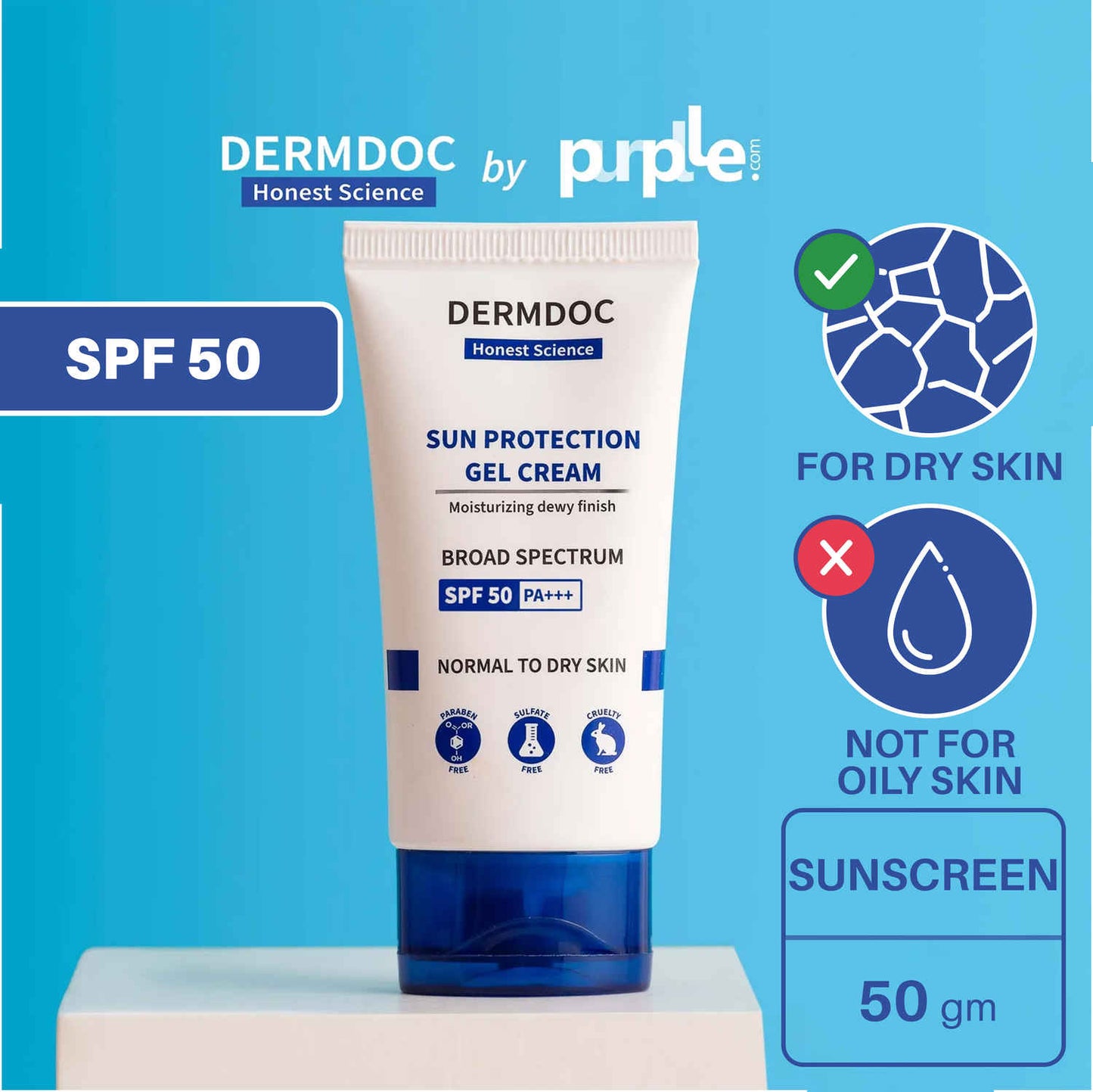 DERMDOC SPF 50 UVA & UVB Broad Spectrum Sun Protection Gel Cream (50 gm) | PA+++ | Sunblock | Sun Damage I Dry Skin I Water & Sweat Resistant I Non-Comedogenic