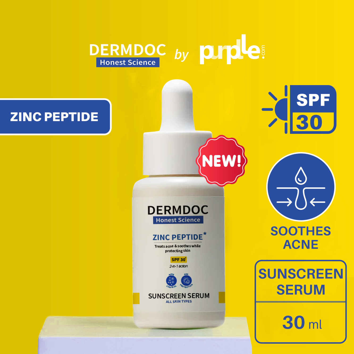 DERMDOC SPF 30 Zinc Peptides* Sunscreen Serum (30ml) | Sunblock | Lightweight | No White Cast | Acne Fighting Sunscreen | Oily Skin & All Skin Types