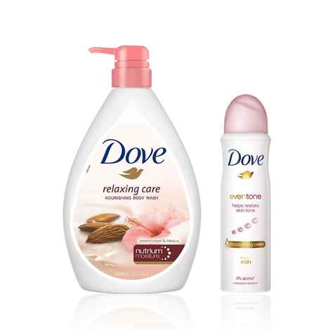 Dove International Daily Elegance Essentials Combo ( Almond Cream Body Wash with Hibiscus for Smooth Skin Soft & Sweet Scent 1L + Eventone Deodorant For Women 150 ml ) Combo of 2