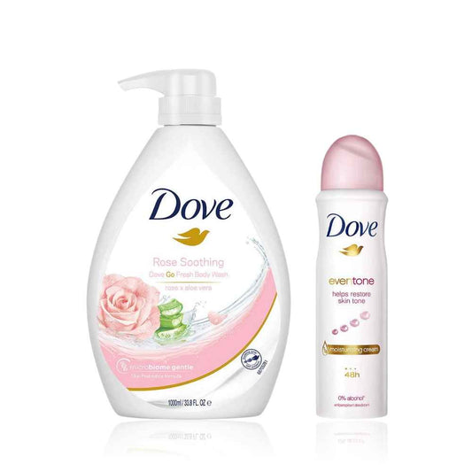 Dove International Daily Fresh Essentials Combo ( Rose & Aloe Vera Body Wash for Replenished Skin Refreshing Scent 1L - 1000 ml + Eventone Deodorant For Women 150 ml ) Combo of 2