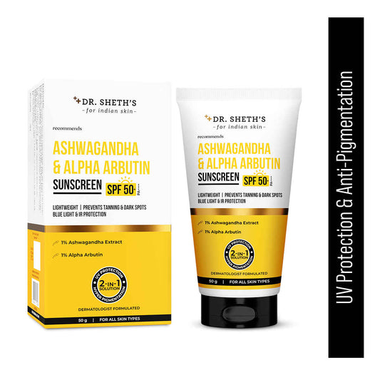 Dr. Sheth's Ashwagandha & Alpha Arbutin Sunscreen SPF 50+ PA++++ | 2 in 1 Solution for Hyper Pigmentation and UV Protection | Anti Tan & Dark Spots | No White Cast, Non-Greasy & Quick-Absorbing | 50 gm