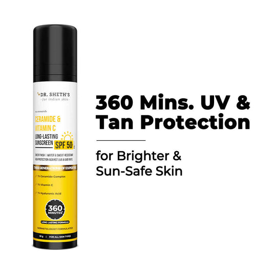 Dr. Sheth's Ceramide & Vitamin C Long lasting Sunscreen SPF 50+ PA++++ UV & Tan Protection | 360 Mins* Long Lasting Formula |No White Cast, Water & Sweat-Resistant | Non-Greasy & Quick-Absorbing | For Women & Men | 50 gm