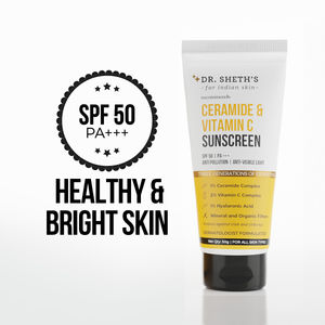 Dr. Sheth's Ceramide & Vitamin C Sunscreen|In-Vivo Tested|SPF 50+ Pa+++|Bright Skin, Healthy Glow|Non-Greasy, Quick-Absorbing|No White Cast|UVA/B, Bluelight Protection|Women & Men|All Skin Types, 50 gm