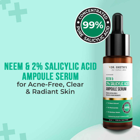 Dr. Sheth's Neem & 2% Salicylic Acid Ampoule Serum | Highly Effective | 99% Pure Grade Salicylic Acid | For Acne, Blackheads & Open Pores | Reduces Excess Oil | For Men & Women |For All Skin Types|30 ml