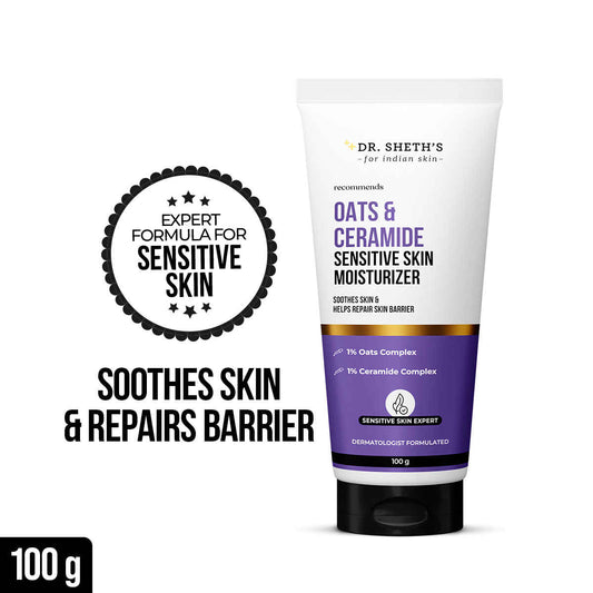 Dr. Sheth's Oat & Ceramide Sensitive Skin Moisturizer| Oil-Free|1% Oats Complex & 1% Ceramide Complex|Soothes & Reduces Irritation|Strengthens Skin Barrier| Light Weight, Non-Sticky| Men & Women|100 gm