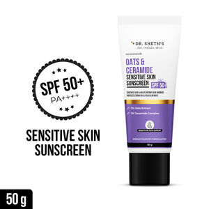 Dr. Sheth's Oat & Ceramide Sunscreen | SPF 50+ PA++++| Oil-Free Sunscreen For Sensitive Skin| Lightweight & No White Cast| Strengthens Skin Barrier|Sun Protection From UVA/B/IR Rays | Men & Women | 50 gm