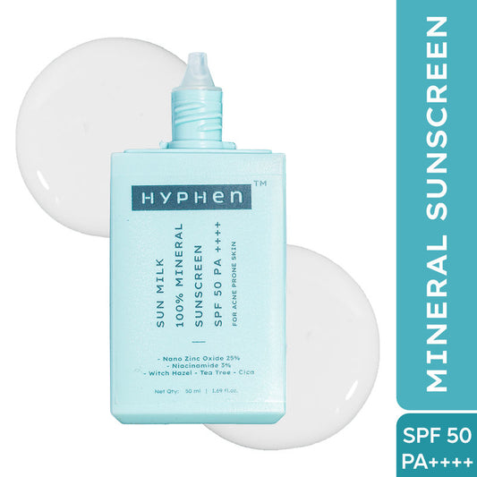 Hyphen Sun Milk 100% Mineral Sunscreen SPF 50 PA++++ 25% Nano Zinc Oxide For Acne Prone, Oily Skin