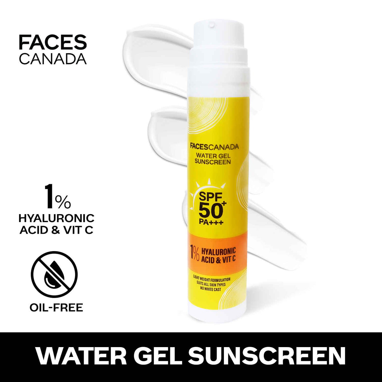 FACES CANADA Water Gel Sunscreen, 50 gm | SPF 50 PA+++ | Protects From UVA, UVB & Blue-Light Rays | 1% Hyaluronic Acid & Vitamin C | Lightweight | No White Cast | Natural Radiant Glow| No Alcohol